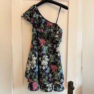 Floral cocktail dress, mini with one sleeve. Flowy and so comfortable- size 0